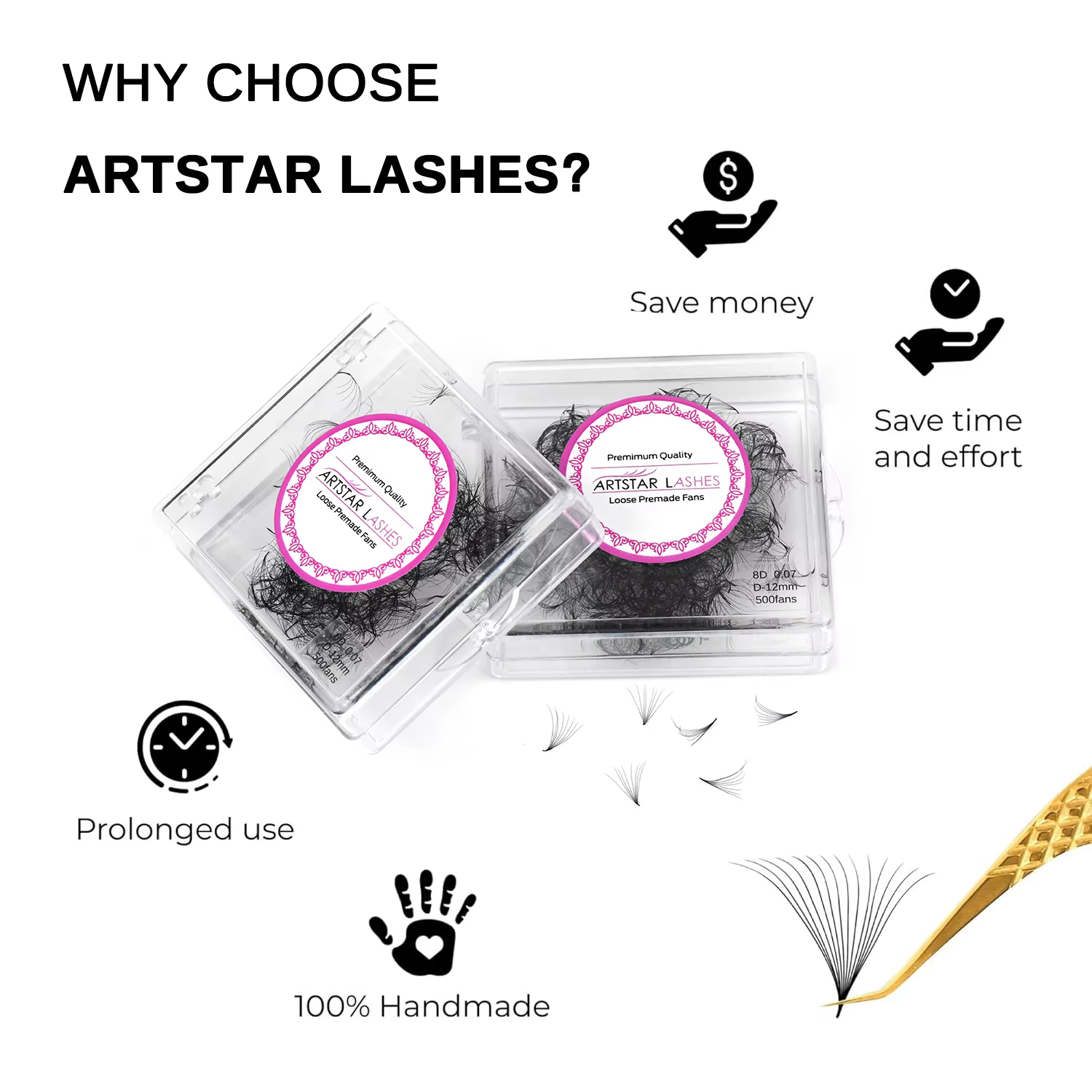 ARTSTAR 500 ventilateurs Extensions de cils en éventail lâche 4D à 20D Base pointue ventilateurs de 