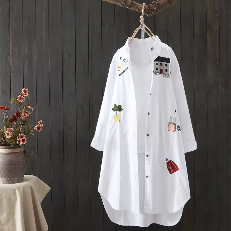 Femmes coton broderie ample longues chemises blanches 2025 printemps automne nouveau décontracté bur
