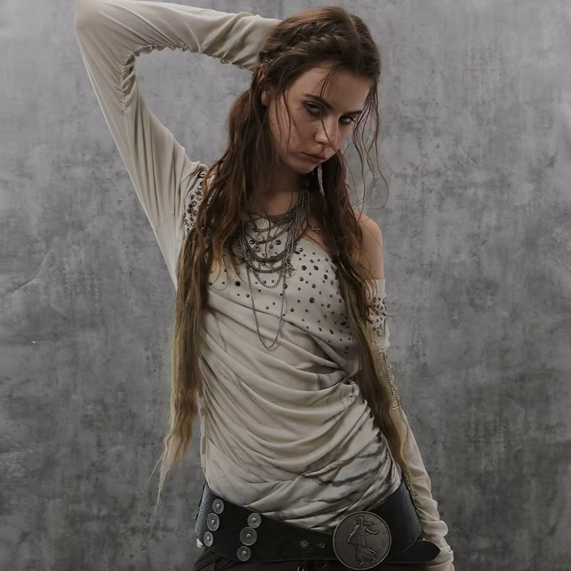 Karrcat Grunge Esthétique Hors Épaule Hauts Trashy Y2k Diamants Imprimé T-shirt Vintage années 2000 