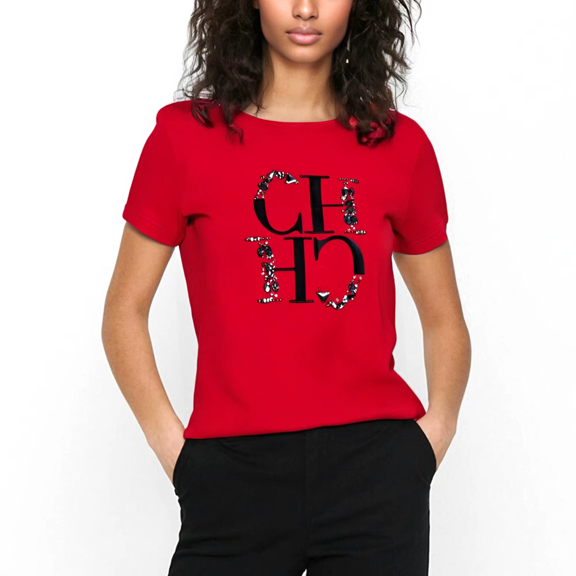 CHCH T-shirt femme 2025 nouveau brodé à la main industrie lourde haut décontracté Simple col rond ma