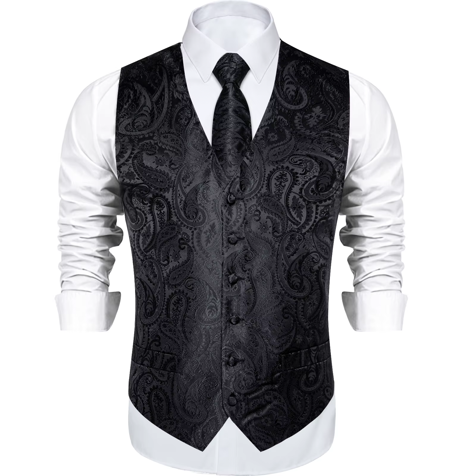 Gilet de costume Paisley noir solide pour hommes, avec cravate, nœud papillon, mouchoir, boutons de 