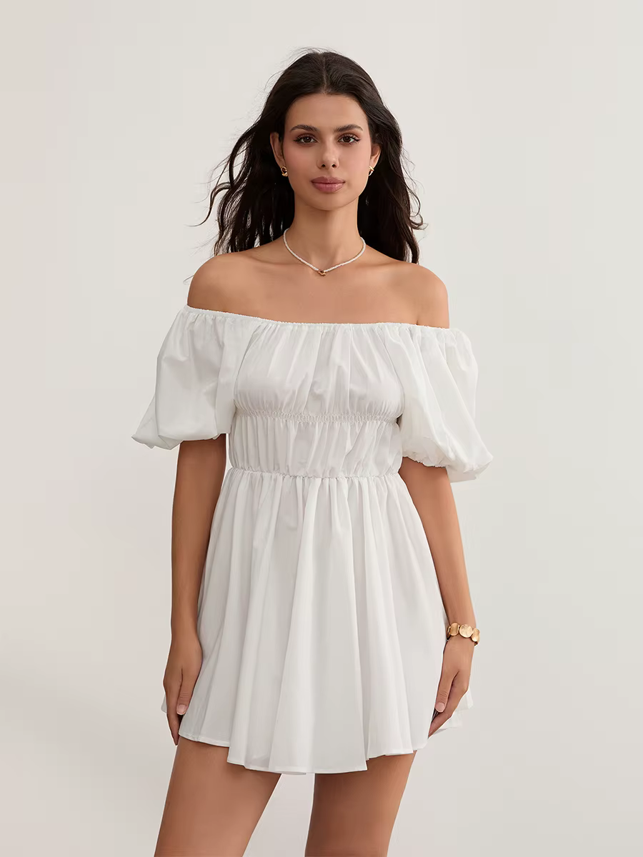 Robe d'été décontractée à manches courtes bouffantes pour femmes, tunique à épaules dénudées, mode s