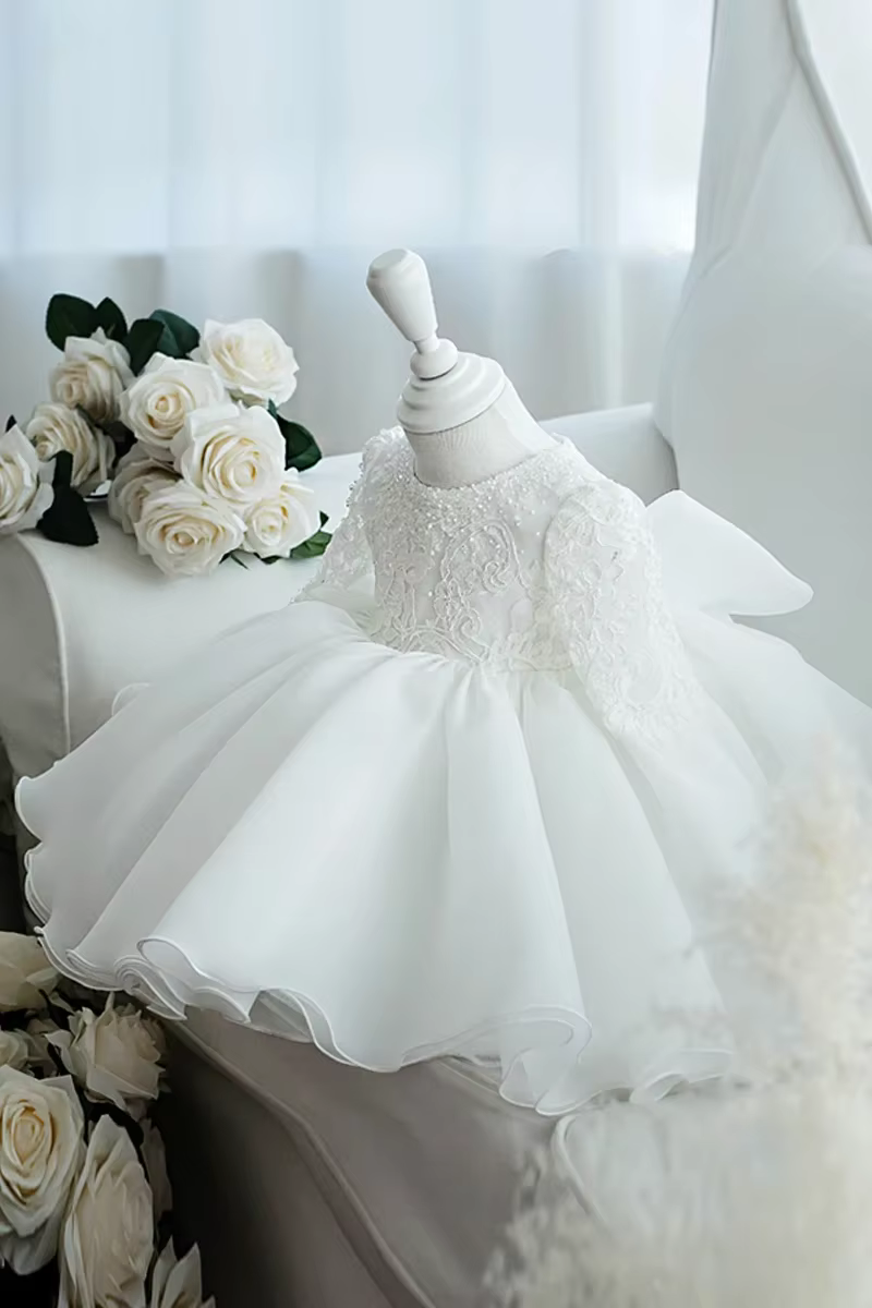 Robe blanche à sequins pour bébé fille, vêtements à manches longues, robe de baptême pour nouveau-né
