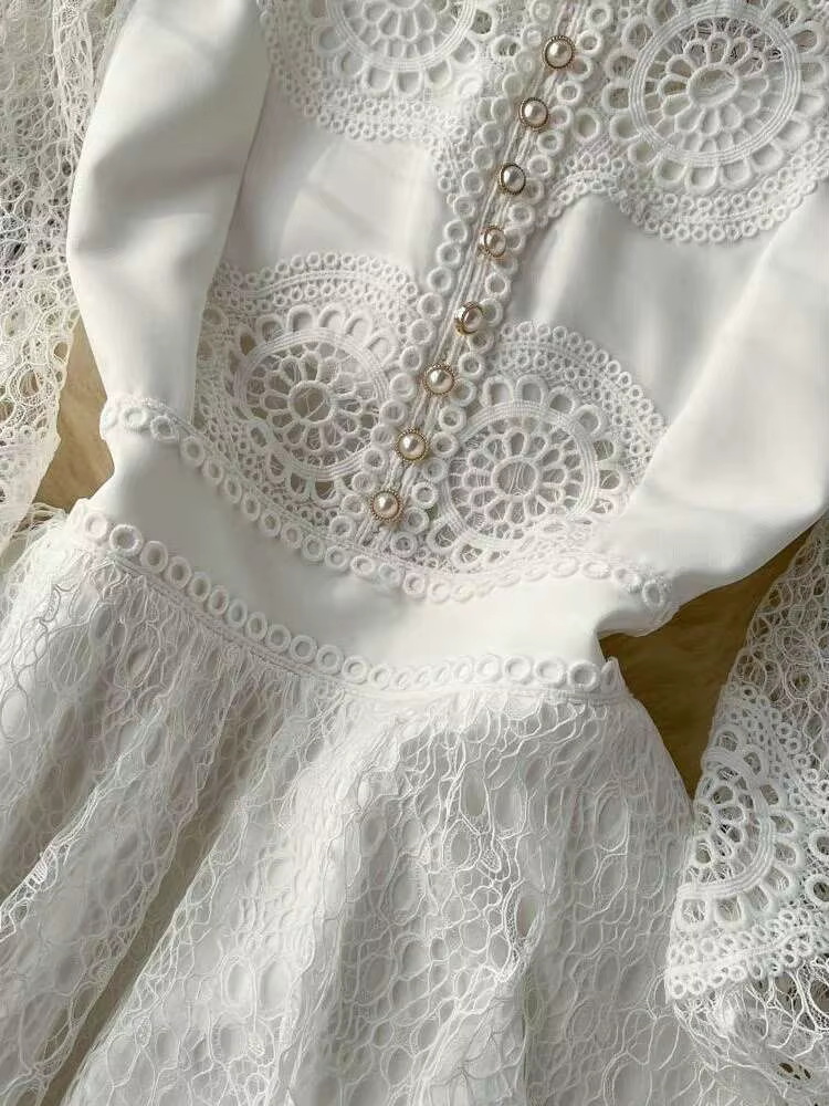 Robe blanche en dentelle ajourée pour femmes, Vintage, broderie de fleurs, col montant, manches long