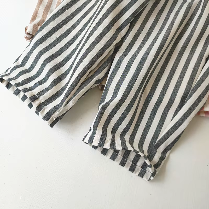 Pantalon à rayures en coton et lin pour garçon et fille, style décontracté, été automne