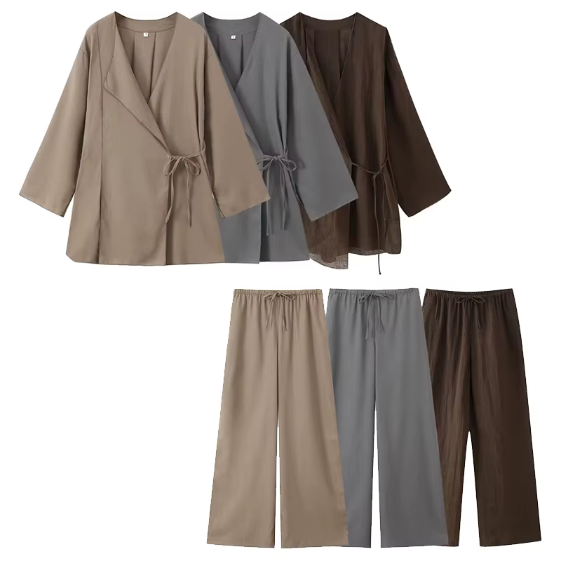 Willshela femmes mode 2 pièces ensemble solide à lacets chemises et Vintage taille élastique pantalo