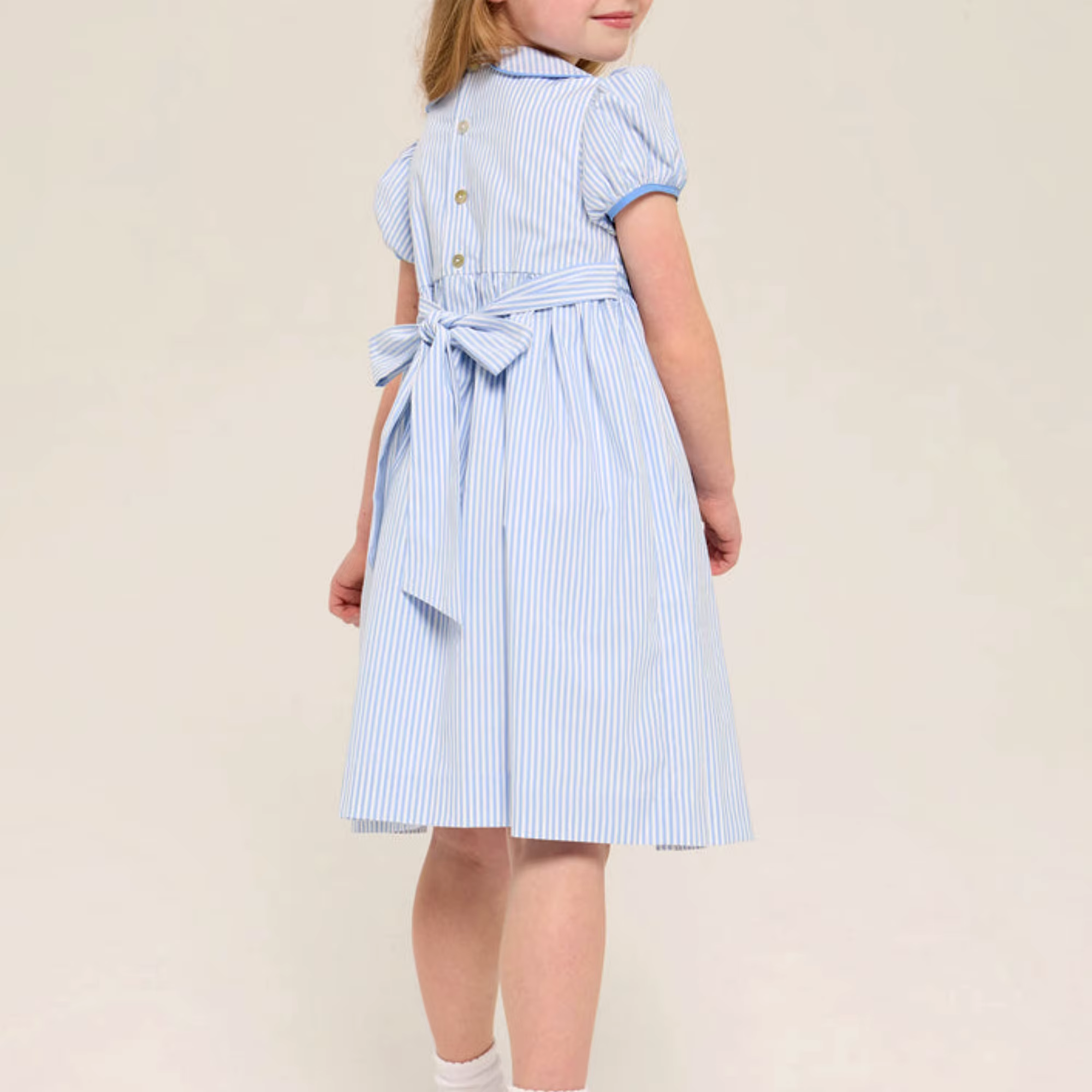 Robe à rayures bleues et blanches pour filles, col Peter Pan smocké à la main, manches courtes, vête