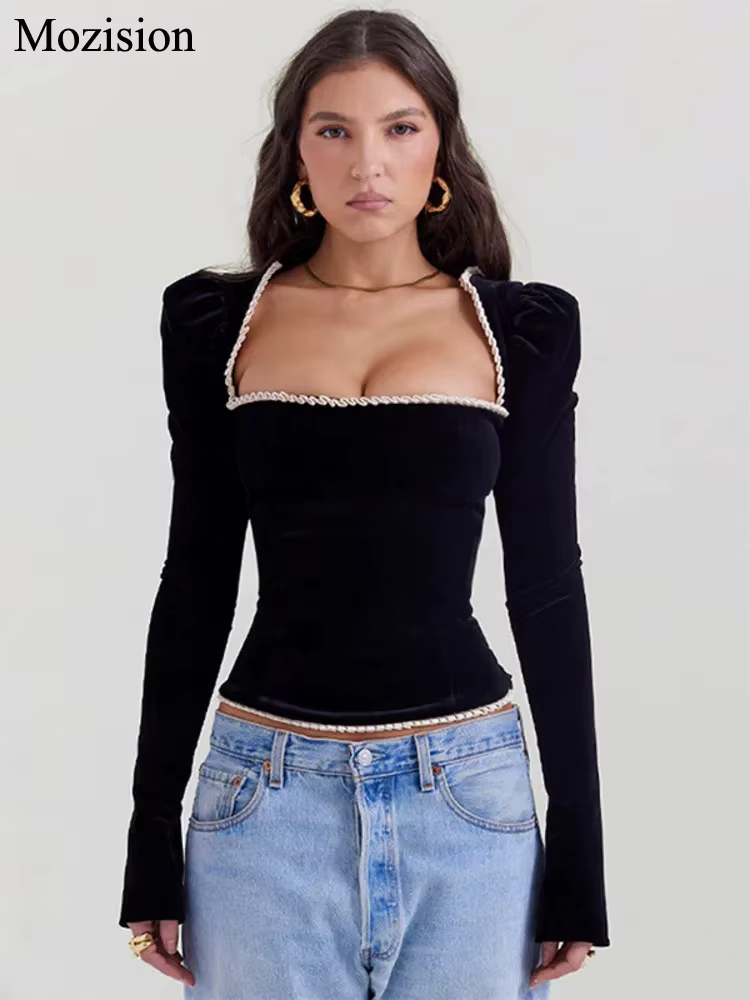 Mozision col carré dos nu pansement Sexy T-shirt femmes automne hiver nouveau noir épaulette manches
