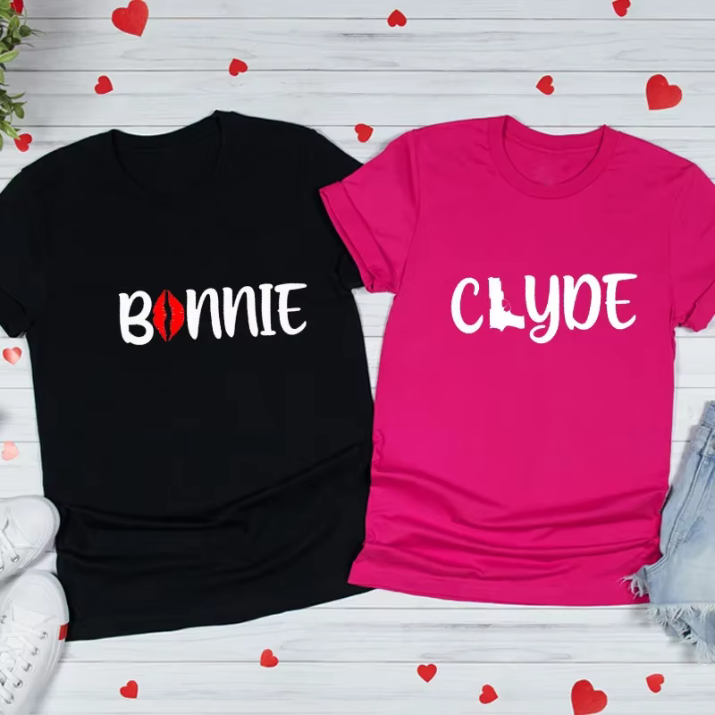 T-shirt à Manches Courtes et Col Rond pour Homme et Femme, Imprimé Bonnie Clyde Jules, Amoureux, Cou