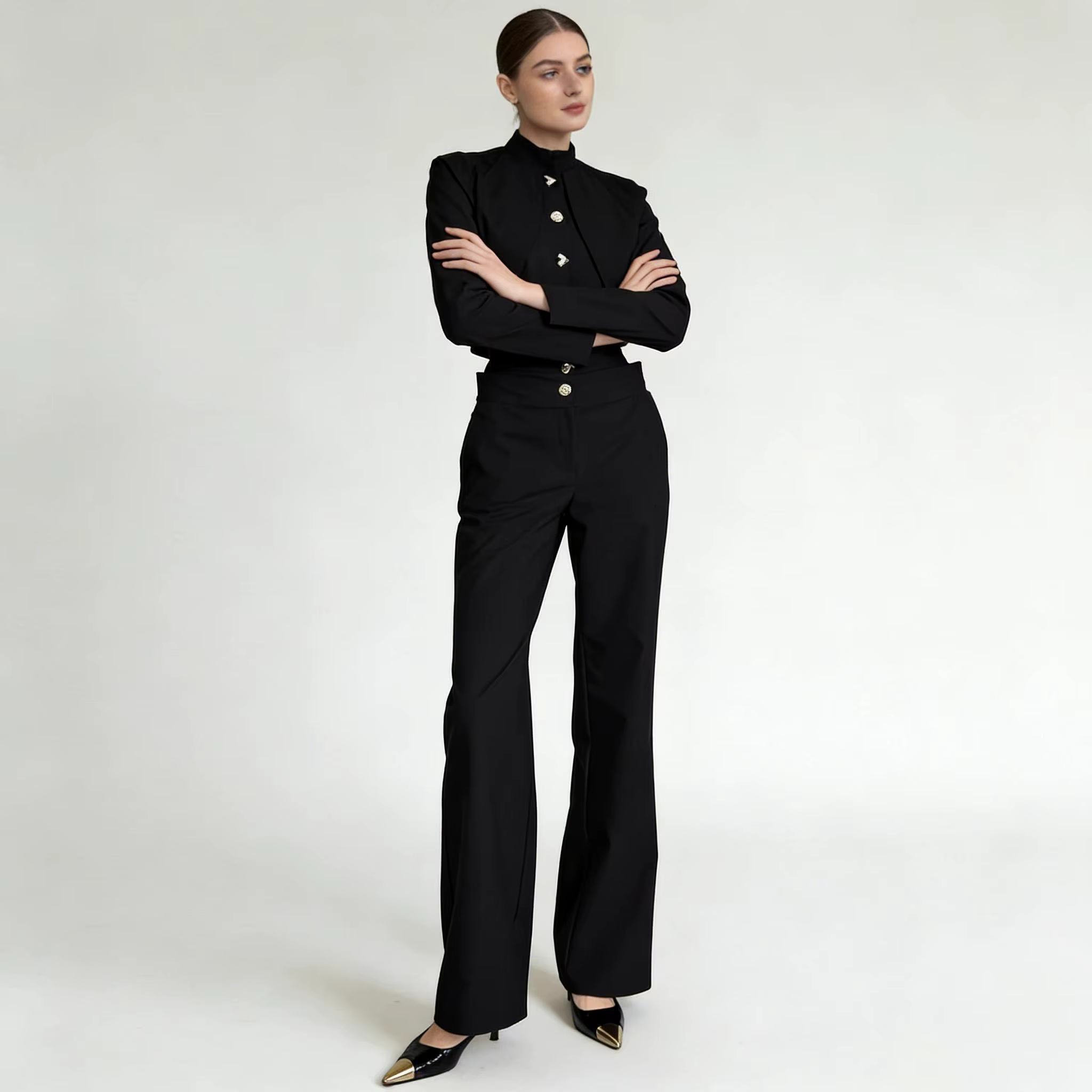 Haut court boutonné à col montant LIMO + pantalon large taille haute, ensemble élégant 2 pièces pour