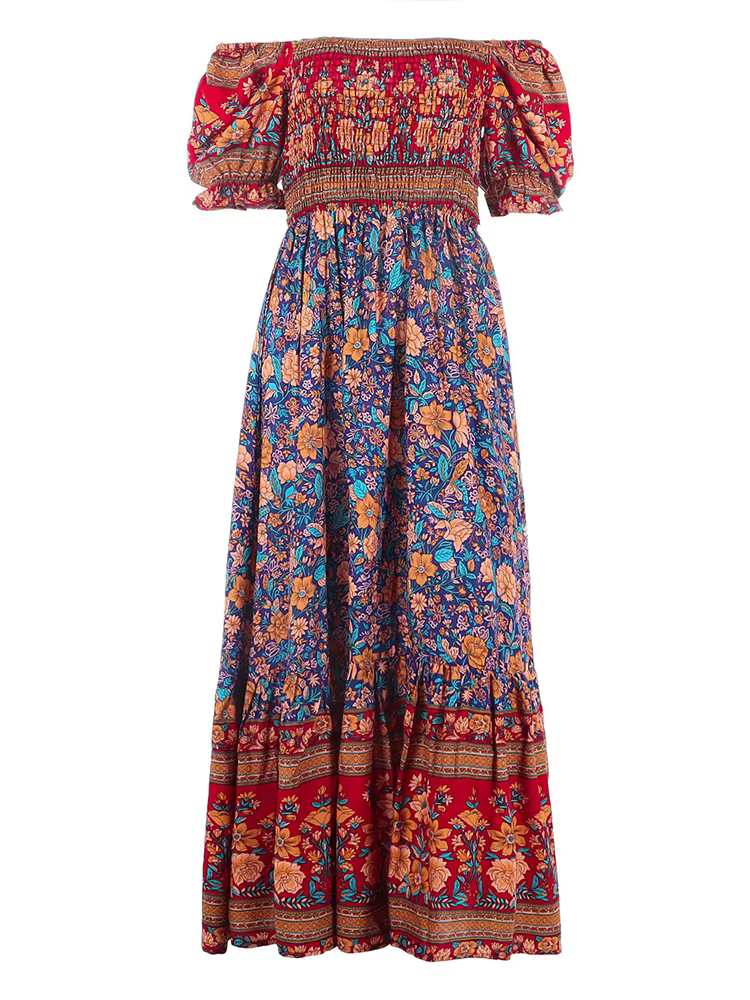 Robe longue plissée à imprimé Floral, style Boho, tenue de plage, manches courtes, col carré, à vola