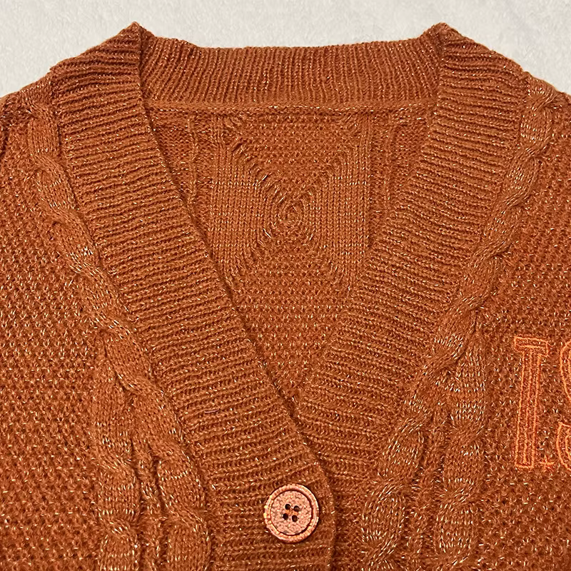 Cardigan TS scintillant pour femmes, pull en tricot épais Orange avec broderie d'étoiles, fil doré,