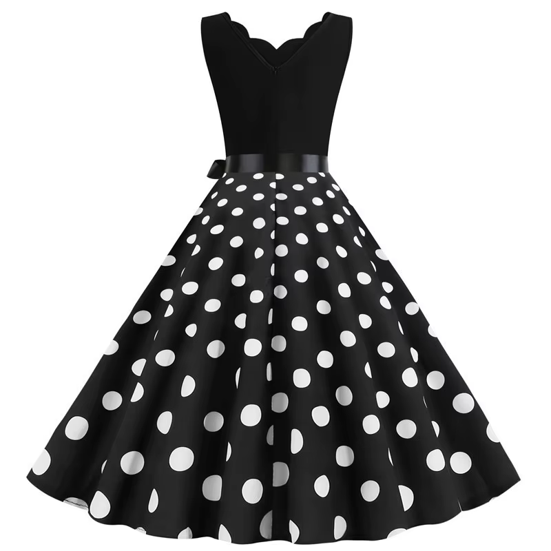 Femmes rétro robes d'été 50s 60s sans manches col en v à pois nœud boule cultivé fête Robe d'été Rob