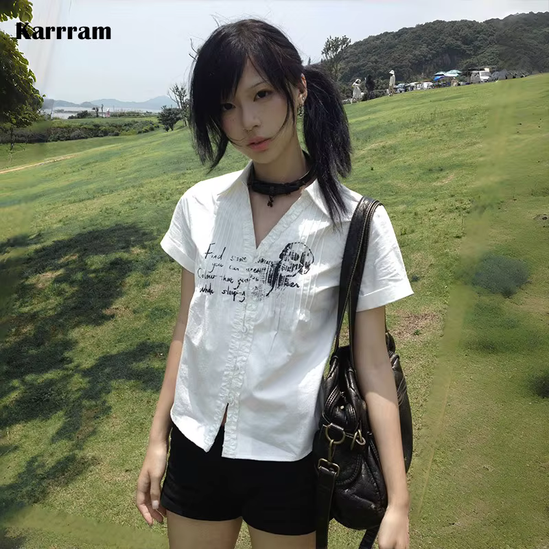 Chemise Plissée Grunge Gothique à Imprimé Tête de Mort, Blouse Blanche à Col en V, Style Japonais de