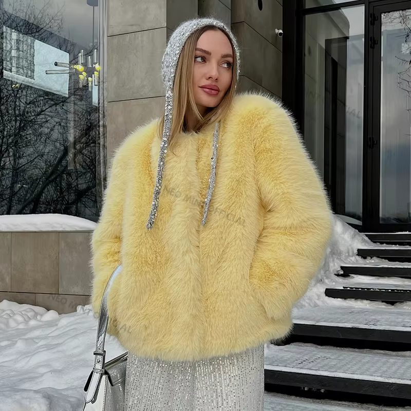 Neo Mint Cool Street Girls hiver mode moelleux fourrure de renard veste femmes décontracté col rond