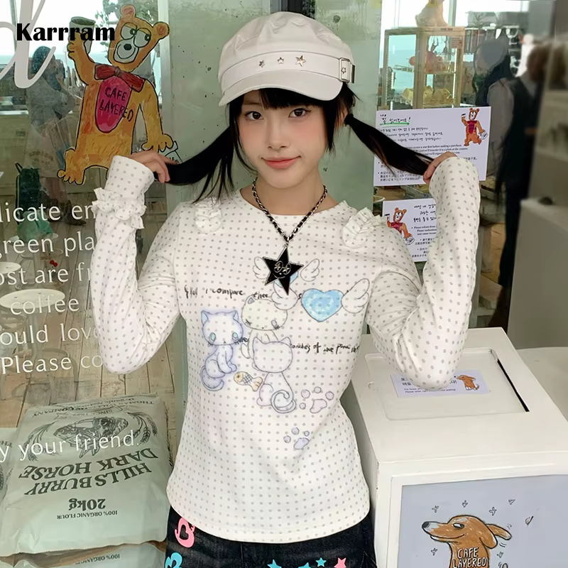Karrram japonais Y2k Anime imprimé tricoté hauts 2000s esthétique à manches longues T-shirt Cutecore