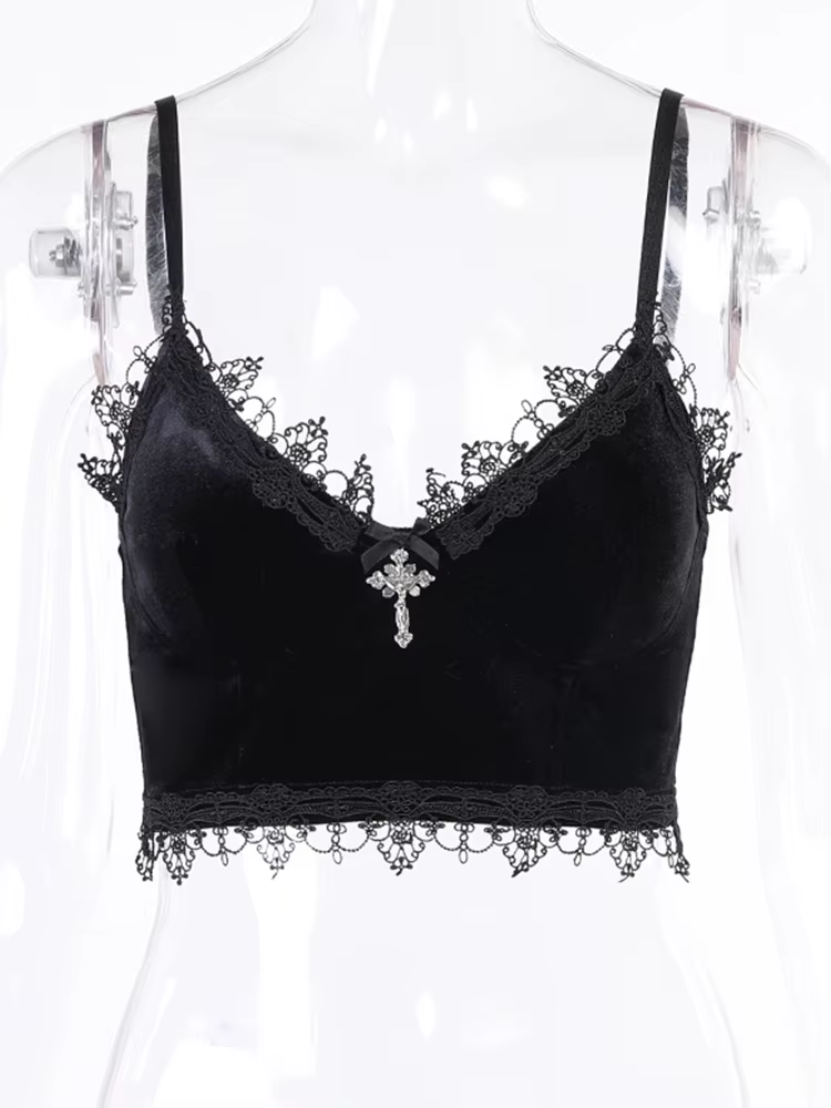 Velours Y2K centre commercial Goth culture hauts noir dentelle garniture Emo Alternative esthétique 