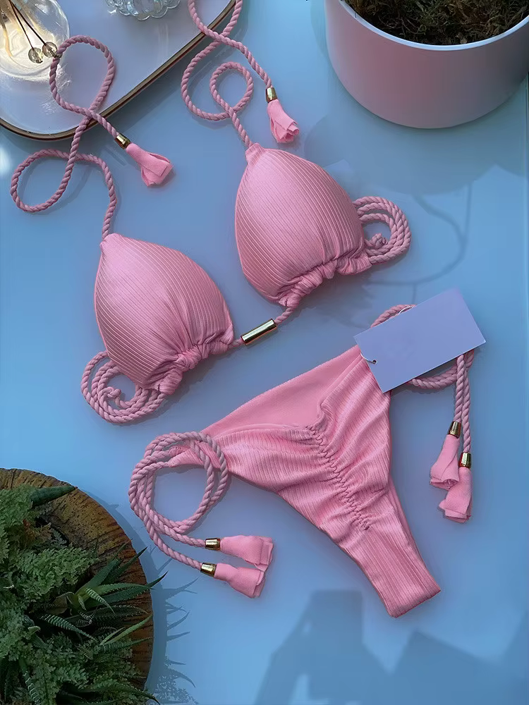 Maillot de bain à bandes ajustables pour femmes, ensemble deux pièces, sexy, couleur solide, triangl