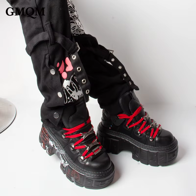 GMQM – bottines à plateforme plate pour femmes, Style Punk, noir, rouge, talons hauts, bout rond, se