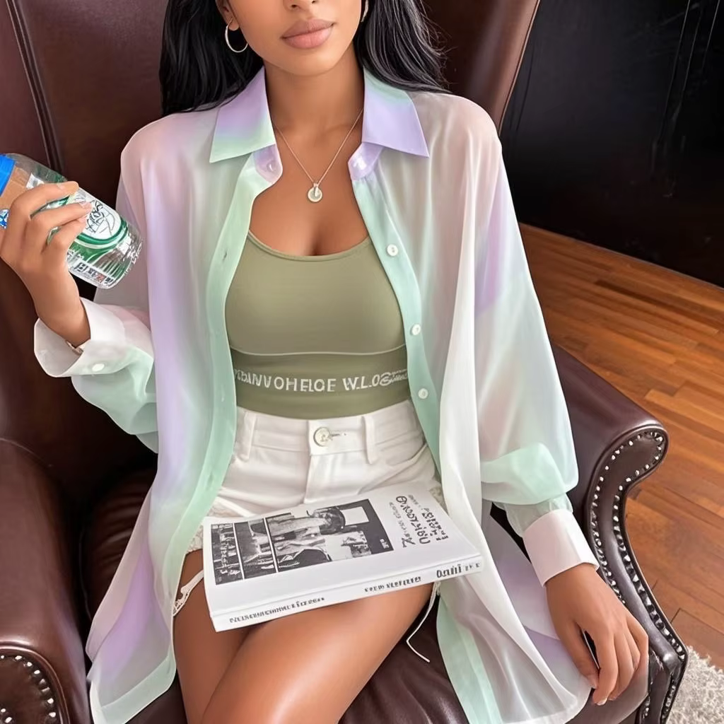 Chemise et chemisiers transparents à manches longues pour femmes, dégradé irrégulier arc-en-ciel, vê
