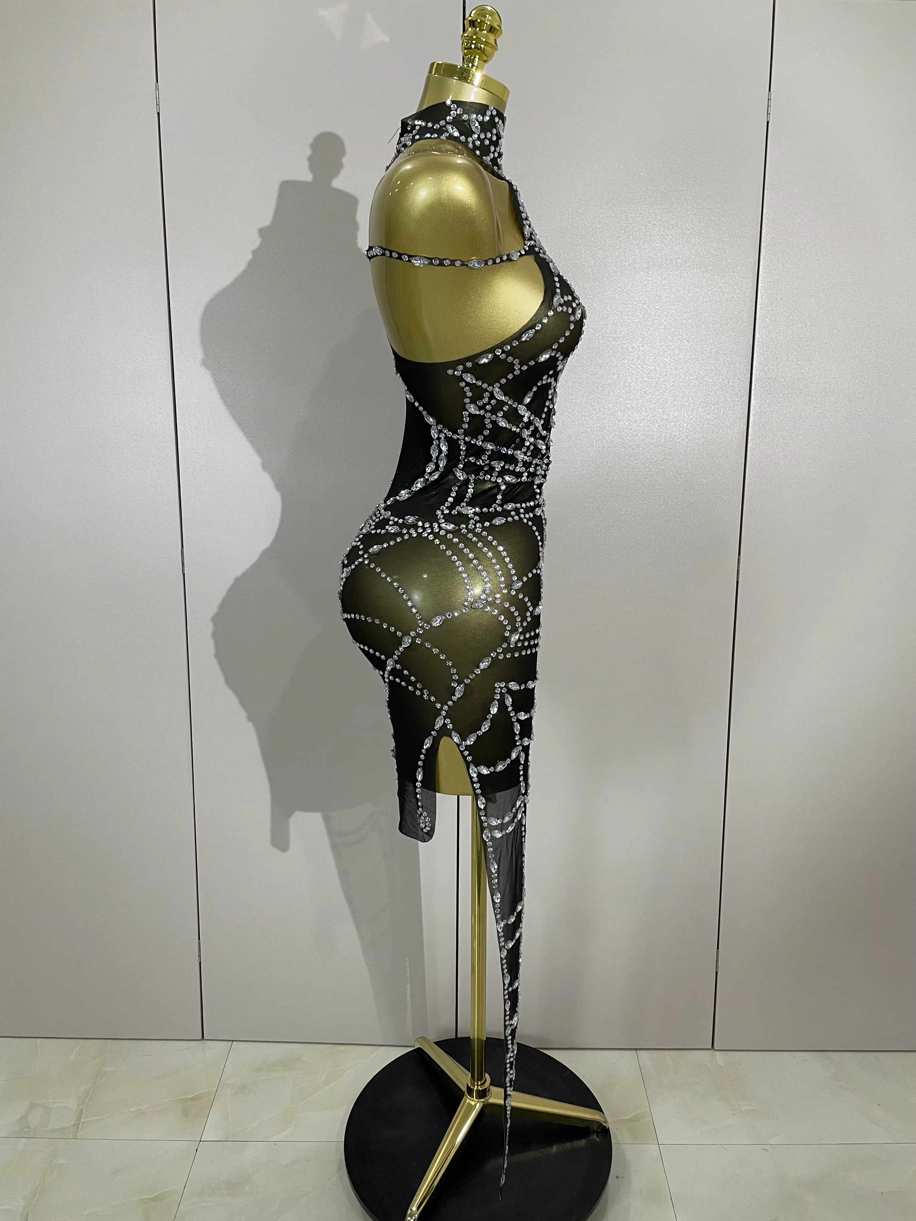 STOCK brillant diamant Sexy maille asymétrique moulante Mini robe femmes discothèque Bar fête specta