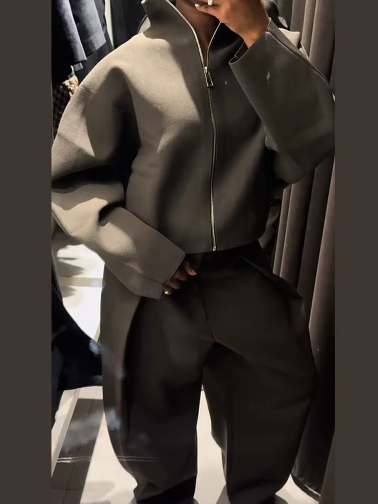 Veste courte en tricot pour femmes, col montant, fermeture éclair, manteau ample à manches longues, 