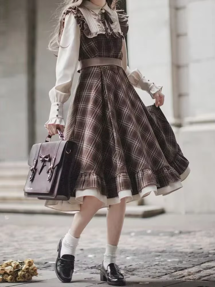Faux robe deux pièces pour femmes, jupe longue, coupe cintrée, Vintage, Lolita, nœud à carreaux, nou
