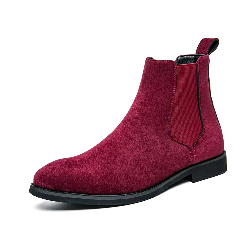 Bottes Chelsea pour Hommes en Daim Rouge Vin, Bout Rond, Bottes de Ville à Talons Bas, Faciles à Enf