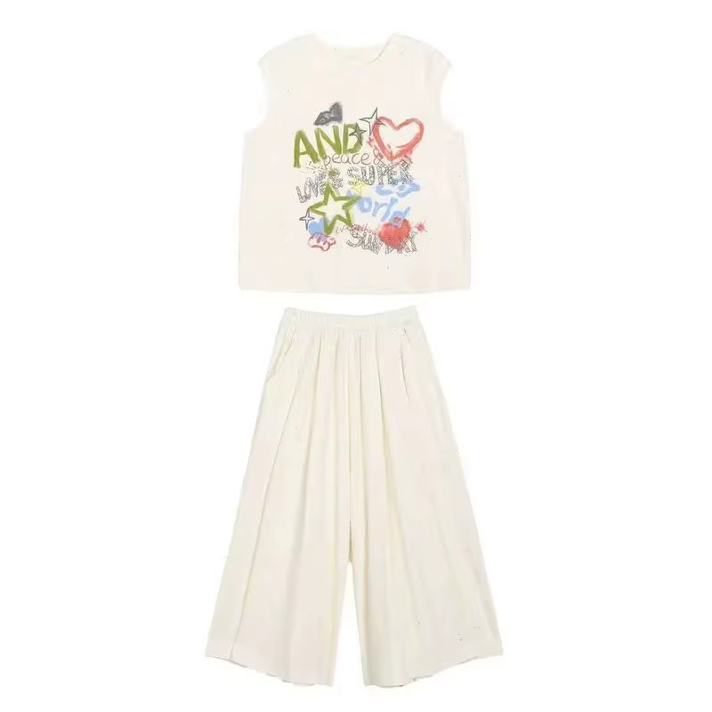 Tenue d'été 2 pièces pour fille – Ensemble débardeur et pantalon large avec imprimé Alphabet, léger 