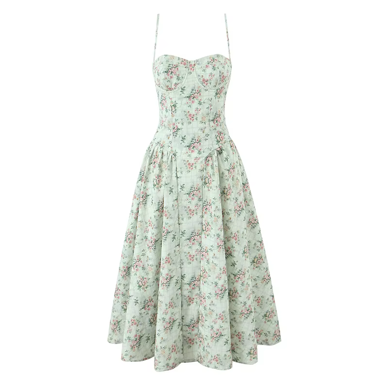 YENKYE vert imprimé fleuri Sexy bretelles Spaghetti Robe femmes taille basse a-ligne Midi vacances r