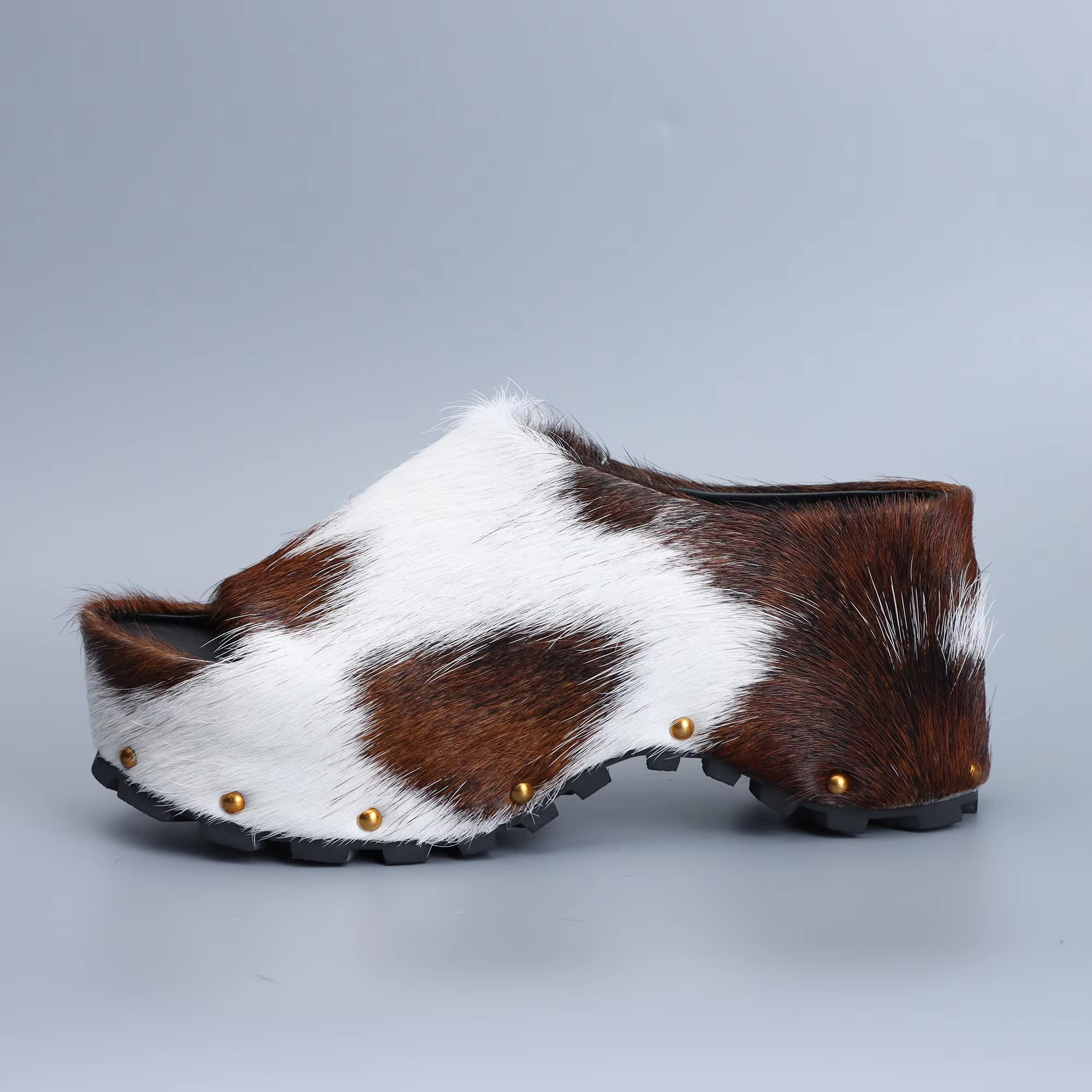 Mules à plateforme de luxe pour femmes, chaussures de styliste, en poils de veau véritable, doublées