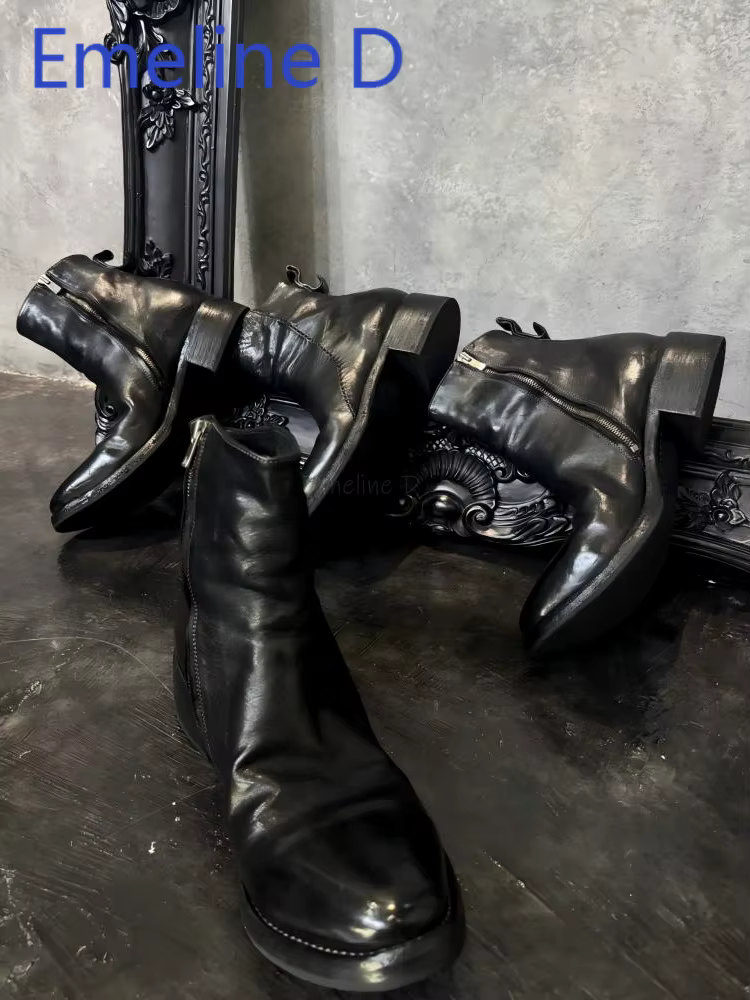 Bottes courtes plissées verticales avec fermeture éclair latérale, en cuir noir, Style minimaliste, 