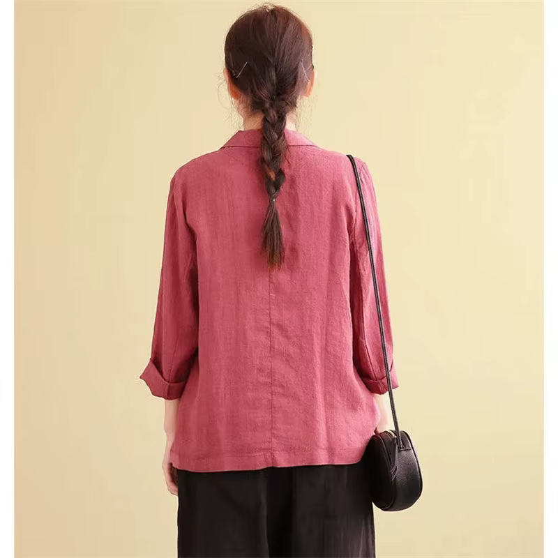 Costumes en coton et lin monochromes pour femmes, blazer fin à manches trois-quarts, veste de protec