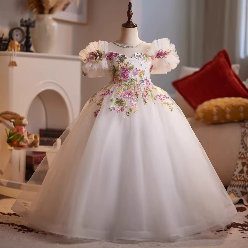 Robe de cérémonie blanche à fleurs pour filles, idéale pour les spectacles de piano, les anniversair