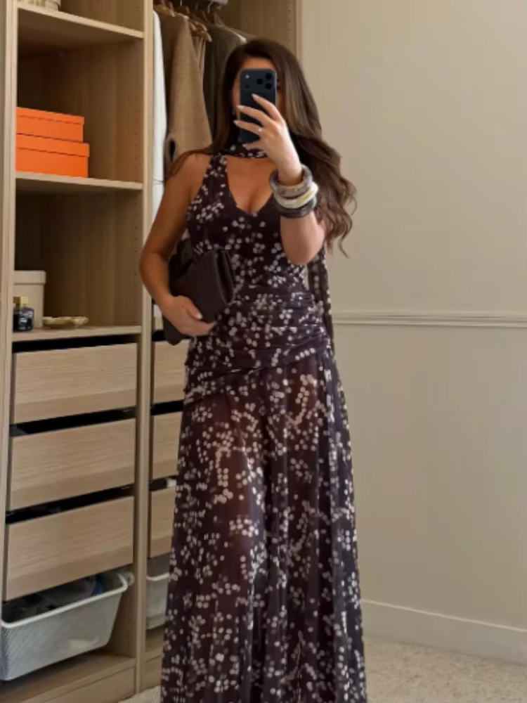 Robe longue maxi tendance pour femme à pois en maille, col en V profond chic, sans manches, transpar