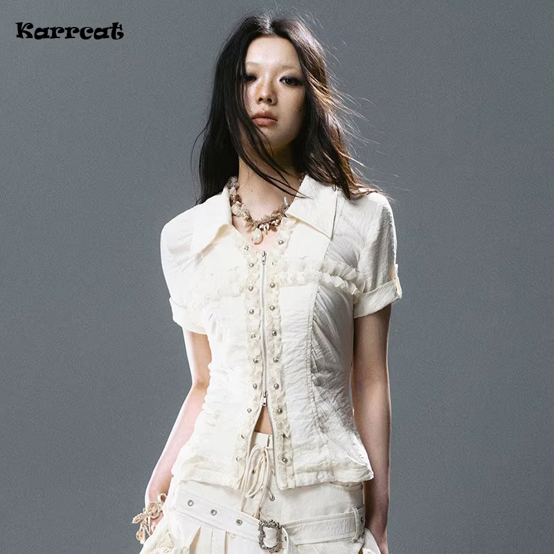 Chemise à lacets croisés Karrcat style grunge, chemisier à rivets Y2K trashy à manches courtes, chem