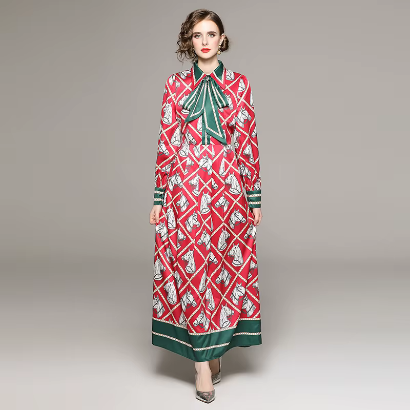 Banulin – robe longue à manches longues et col rabattu pour femme, chemise avec ceinture et nœud pap