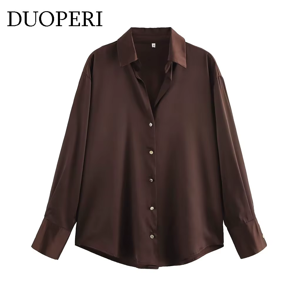 DUOPERI femmes mode Satin marron Blouse revers cou manches longues Vintage femme Chic dame chemises