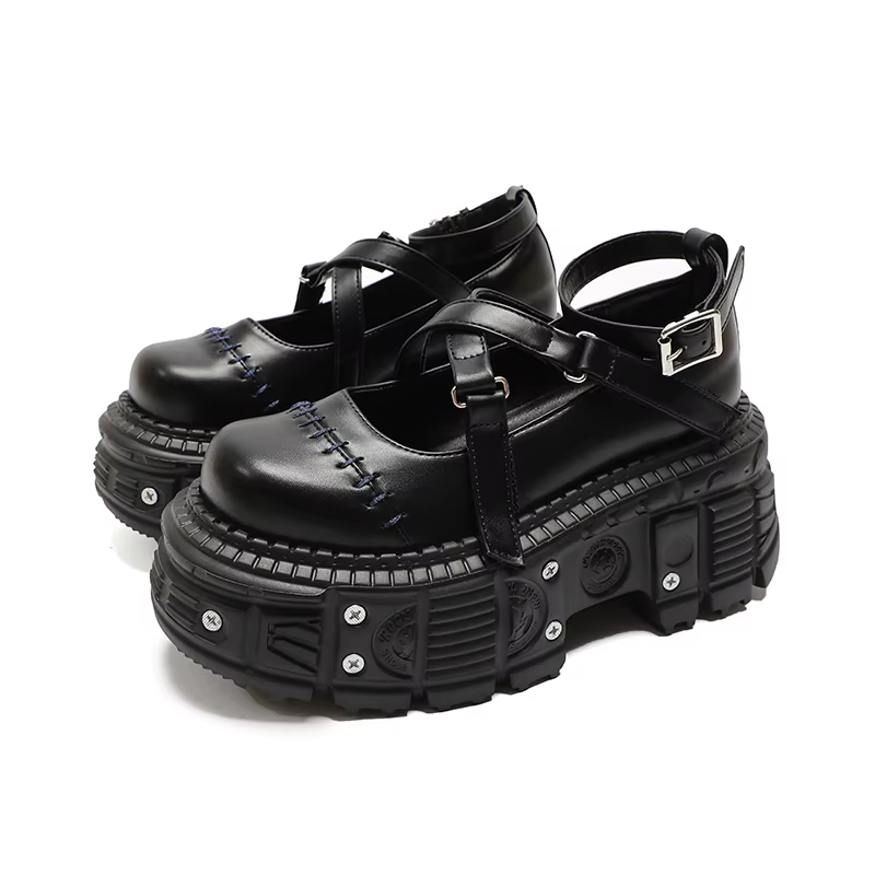 Chaussures à plateforme plate de Style Punk, sangle à boucle à rivets, ceinture croisée Mary Janes,