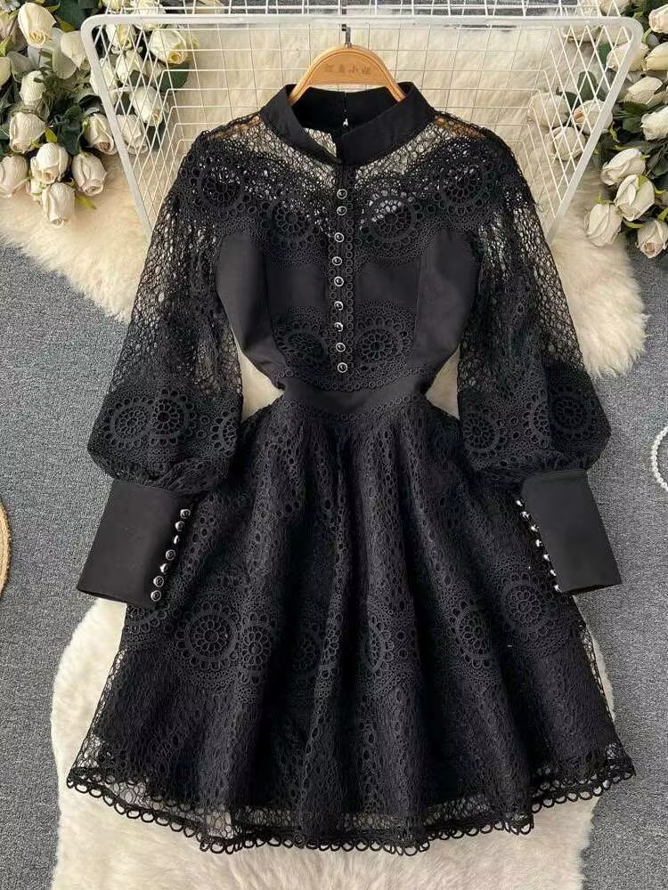 Robe blanche en dentelle ajourée pour femmes, Vintage, broderie de fleurs, col montant, manches long
