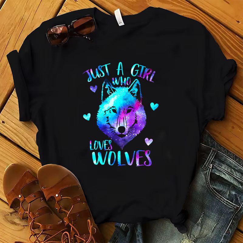 T-shirt manches courtes col rond femme, Just A Girl Love Wolves Print