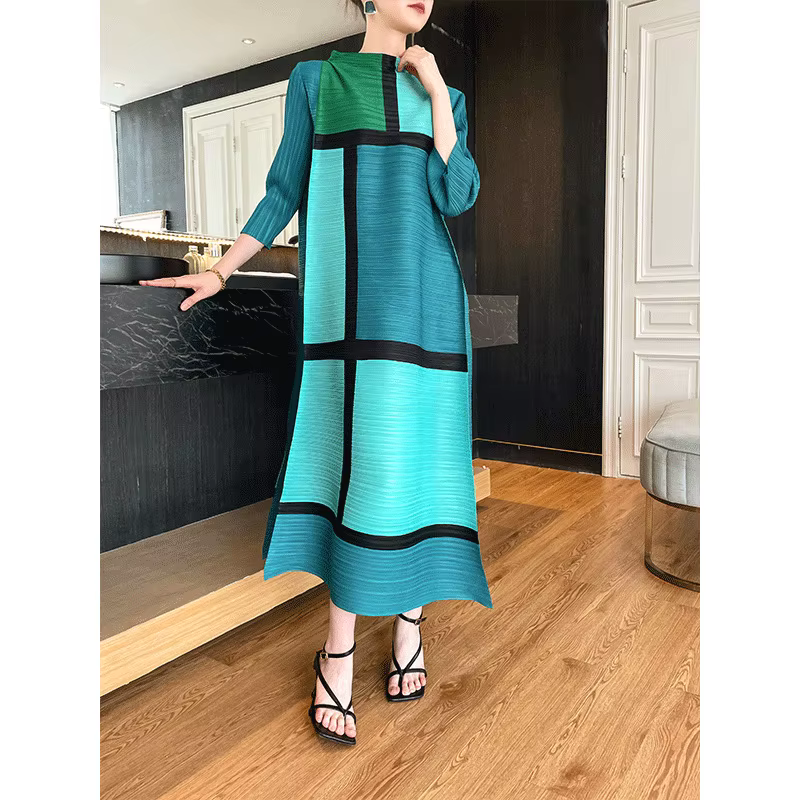 Ata Yake-Robe plissée à imprimé géométrique pour femme, créateur original, manches longues, grande t