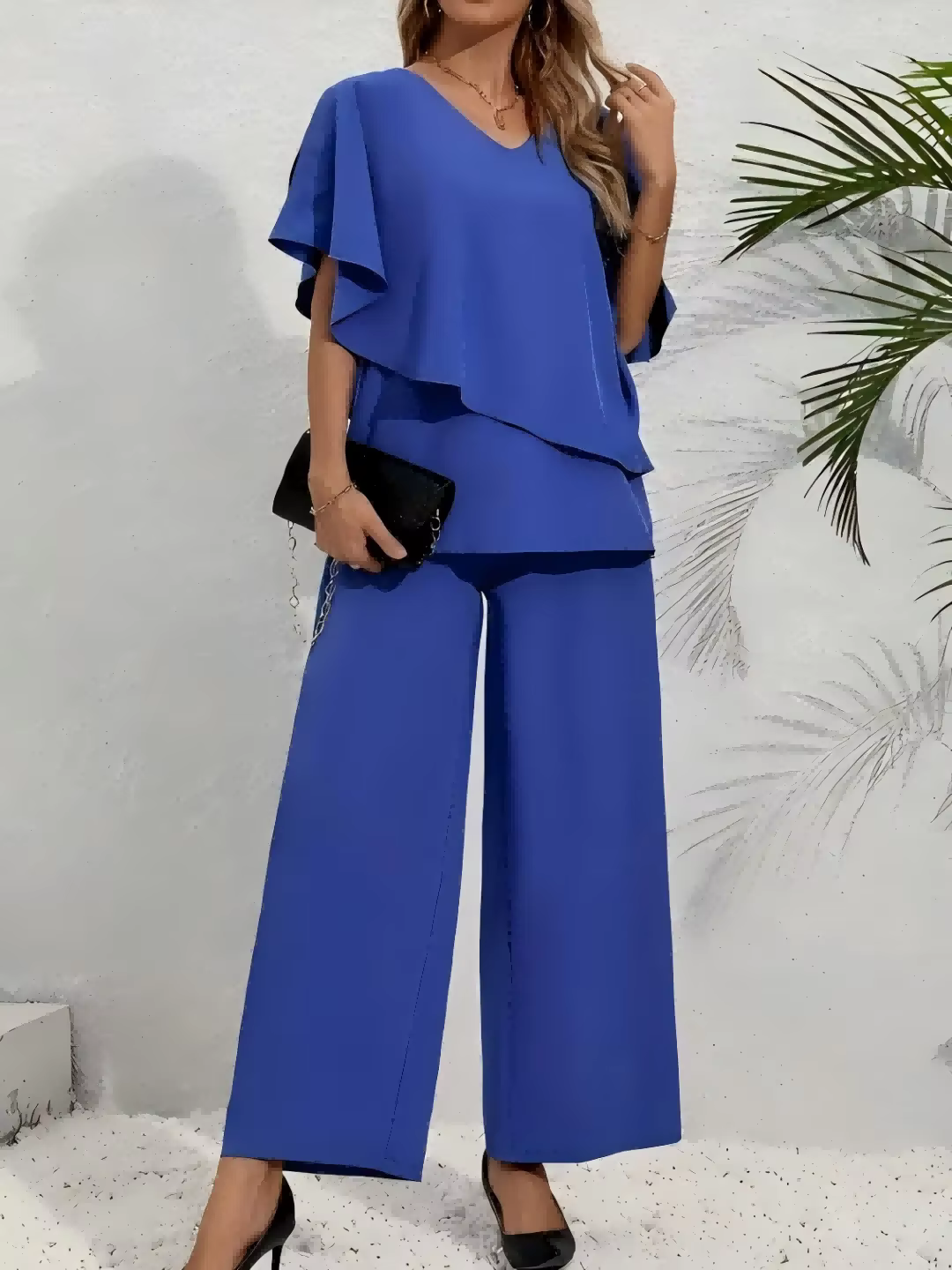 Ensemble 2 pièces pour femmes grandes tailles - Haut à manches bouffantes multicolores à col en V + 