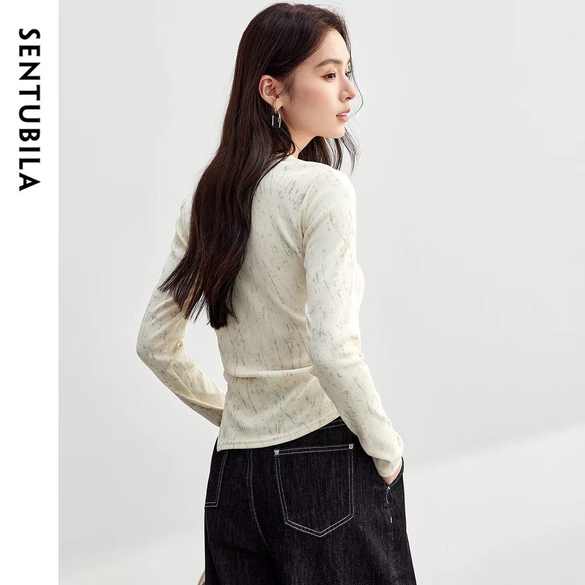T-shirt en coton imprimé SENTUBILA pour femme, plissé irrégulier, tricoté, col rond, manches longues