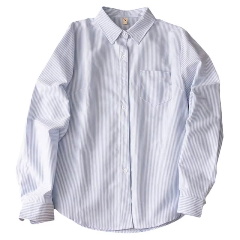 Chemises en coton d'automne pour femmes, basiques, col polo, rayure, manches longues, chemisier doux