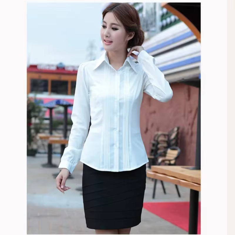 Chemisier de bureau blanc élégant pour femmes, coupe cintrée, manches longues, chemise boutonnée, St