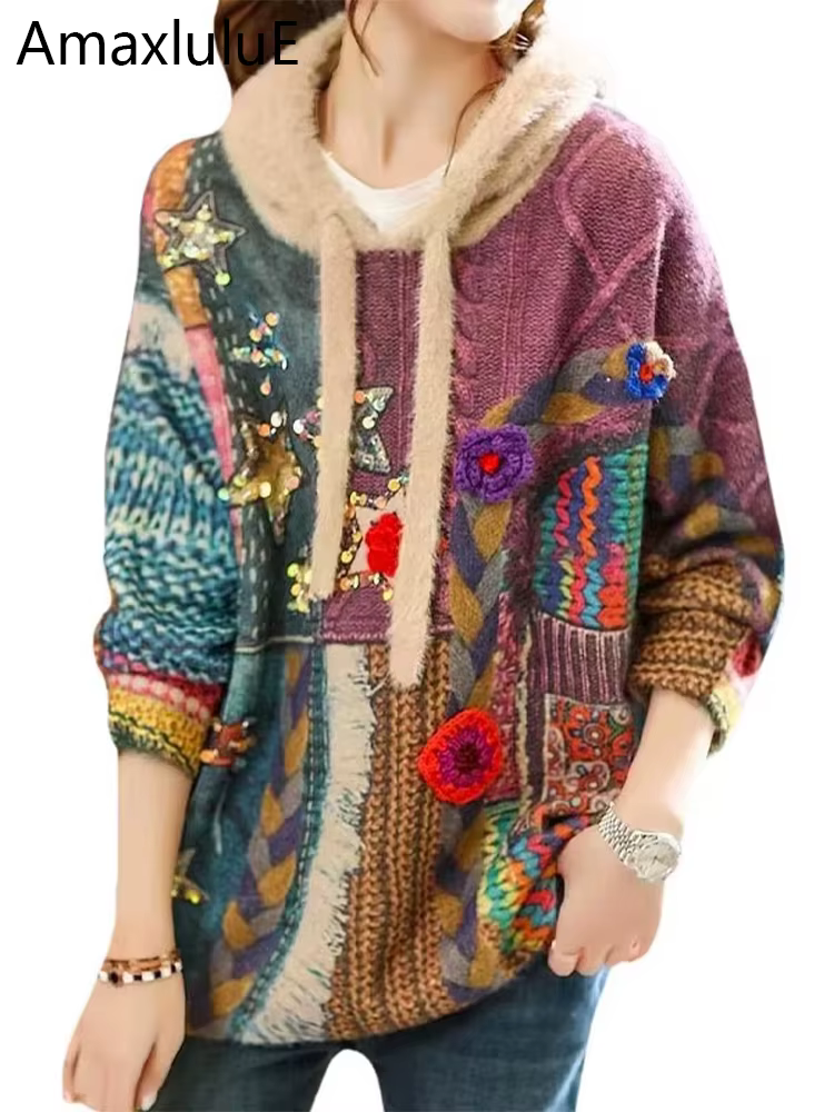 Amax luluE hiver coréen femmes de luxe à capuche imprimé paillettes tricoté chandails femme mode pul