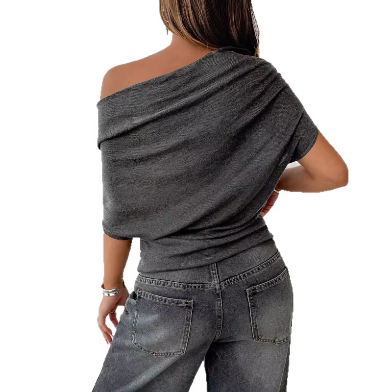 BKQU T-shirts d'été sexy à une épaule, mode slim, manches courtes chauve-souris, crop tops froncés, 