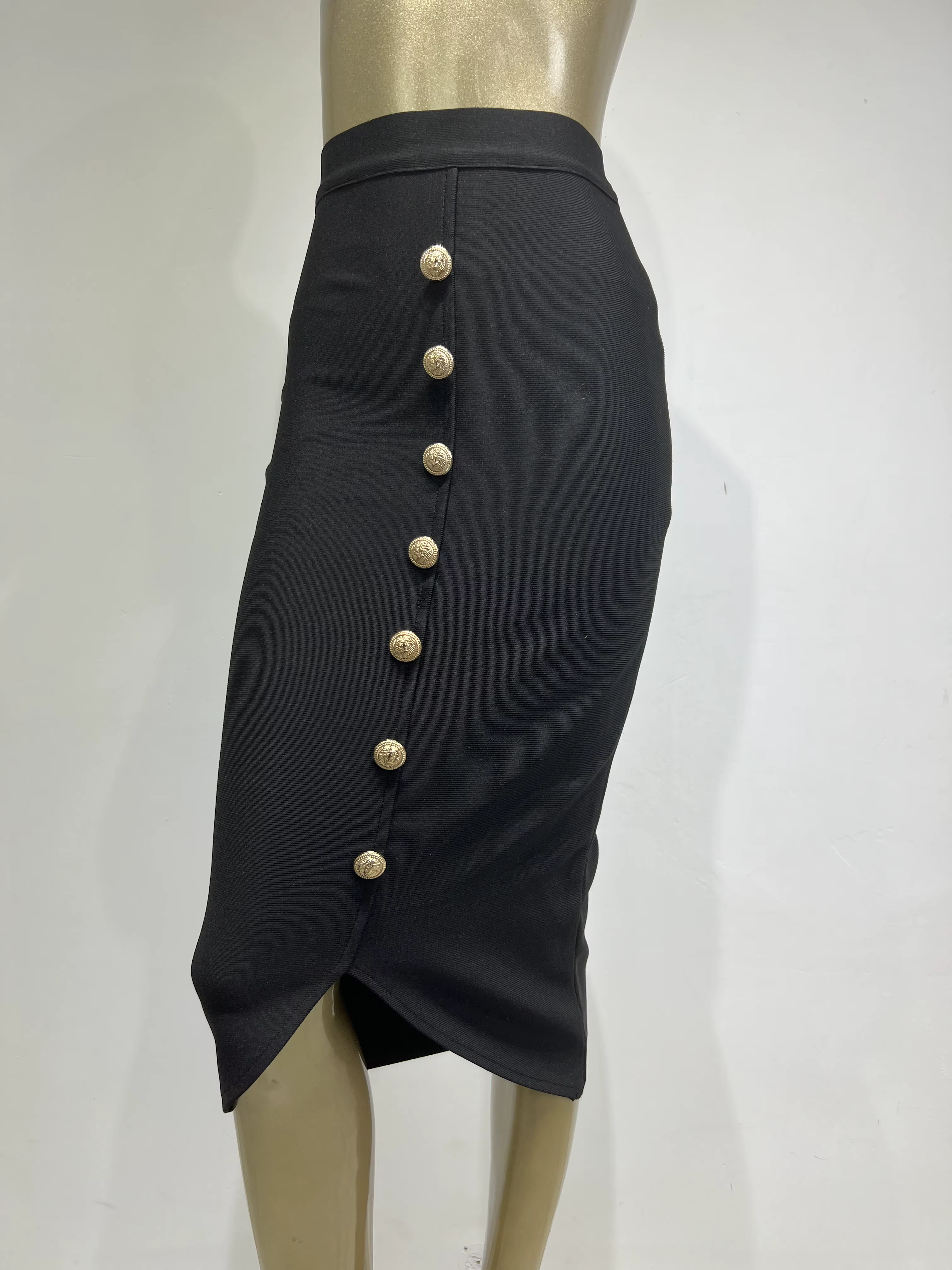 Jupe mi-longue noire à bandes pour femmes, moulante, de styliste, taille haute, fête, bureau, élégan