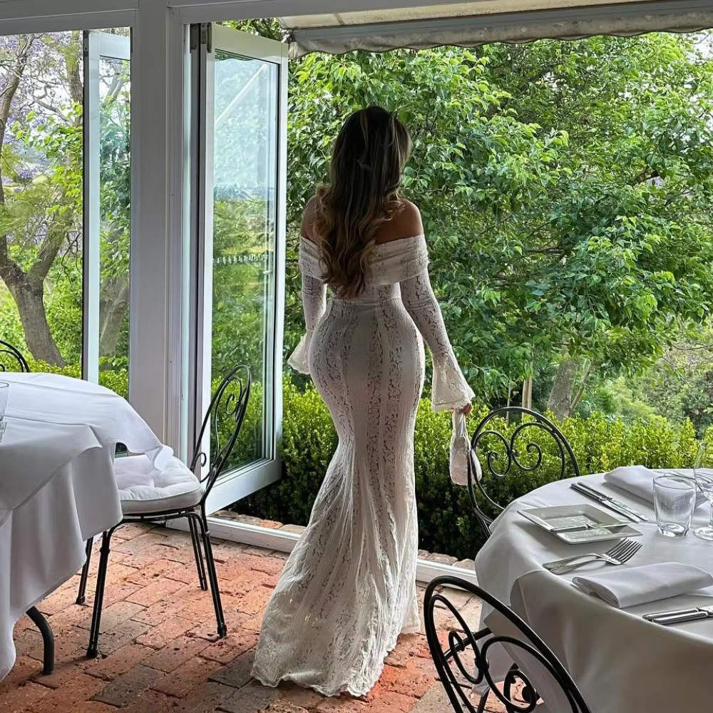 Oligai Robe Longue Dentelle Blanche Femme 2024 - Robe Épaules Dénudées Manches Évasées Bodycon pour 